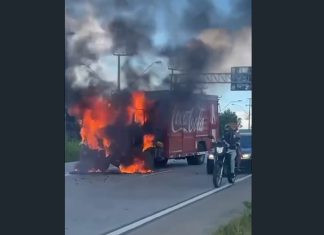 Caminhão carregado de refrigerantes pega fogo no Anel Viário da Grande Fortaleza