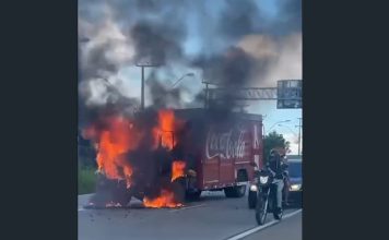 Caminhão carregado de refrigerantes pega fogo no Anel Viário da Grande Fortaleza