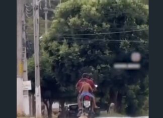 Motoqueiro com criança na garupa arrasta cachorro por rua asfaltada em Ipu; cenas de tortura geram revolta
