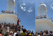 Chuva de dinheiro no Horto: romeiro lança cédulas do alto da estátua do Padre Cícero em Juazeiro do Norte